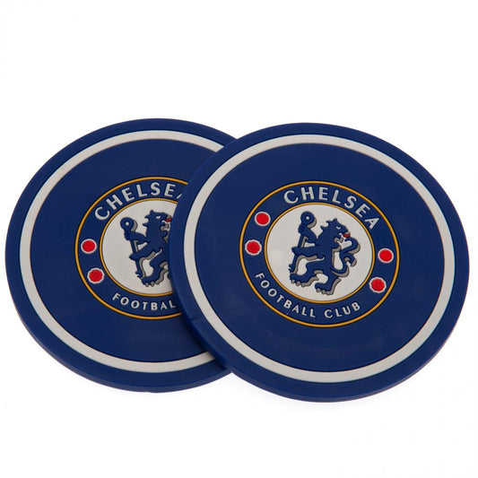 Two blue coasters with Chelsea Football Club logo on a white background