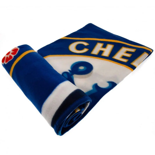 A fleece blanket featuring the iconic club crest of a Premier League football team, predominantly blue with white and red accents.