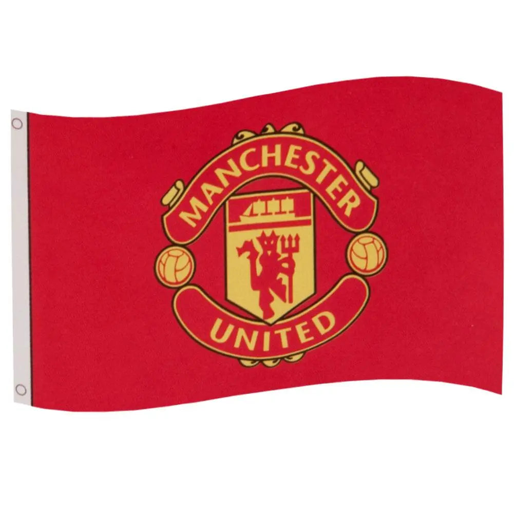 A red rectangular flag with the Manchester United football club crest in the center.