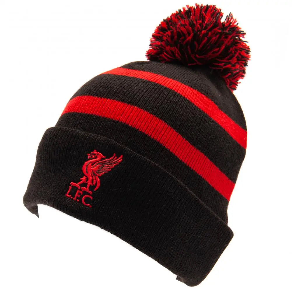 Black and red striped Liverpool FC beanie with pom-pom and LFC logo on a white background