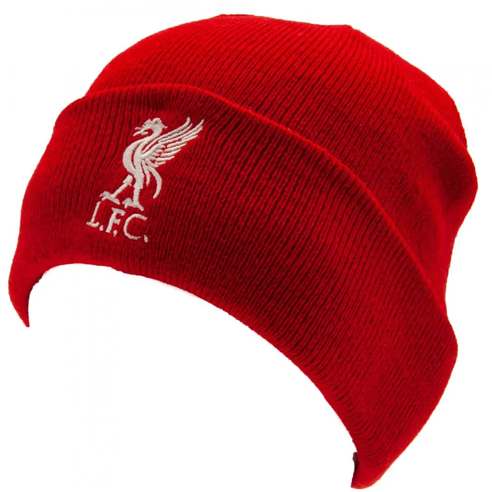 Red Liverpool FC knit beanie with LFC logo on a white background