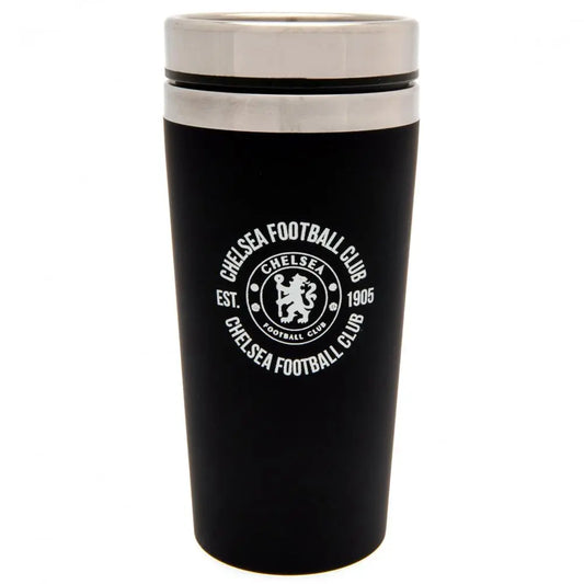 Black travel mug with Chelsea Football Club logo on a white background