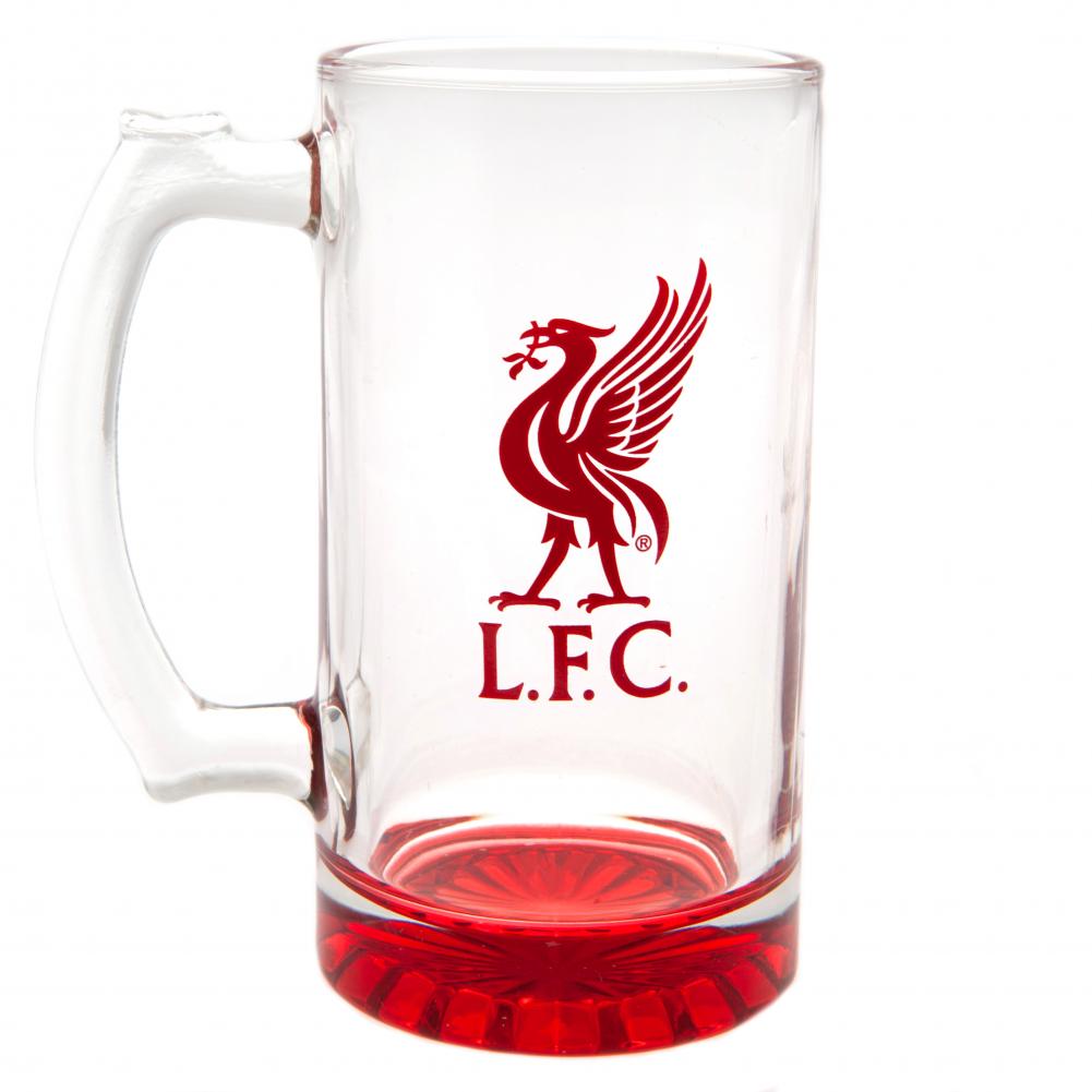 Clear Liverpool FC glass mug with red LFC logo and red bottom