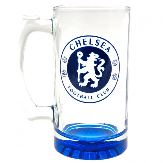 A glass tankard with a handle, featuring the Chelsea FC club crest logo in blue on a white background with a blue bottom.