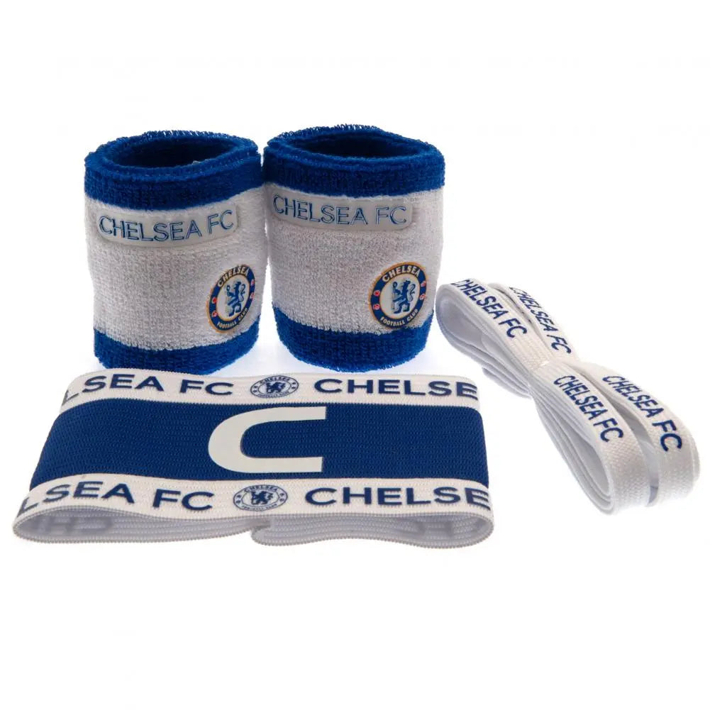 A set of Chelsea FC branded accessories, including wristbands, sock ties, and a captain's arm band.