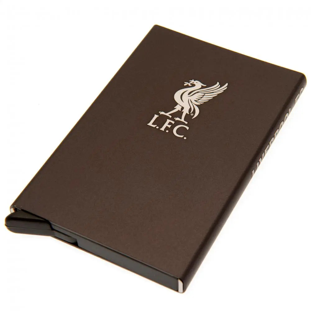 Brown credit card holder with LFC logo on a white background