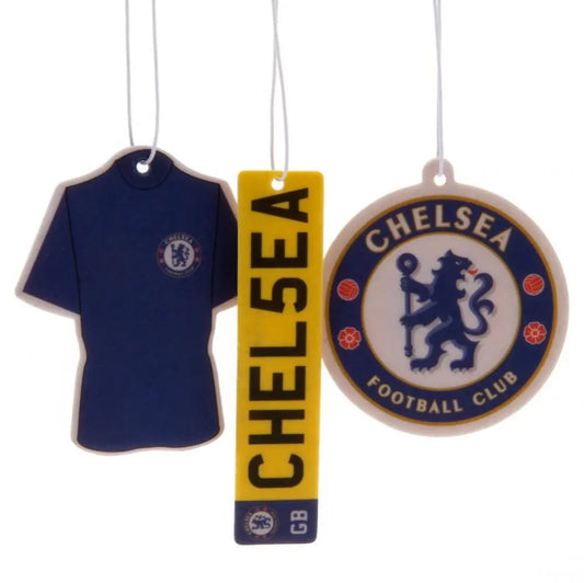 Set of Chelsea FC-themed car air fresheners on a white background