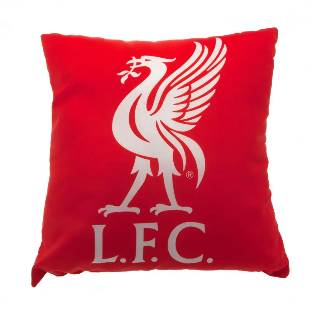 A red square cushion featuring the Liverpool FC iconic crest with white bird on the front.