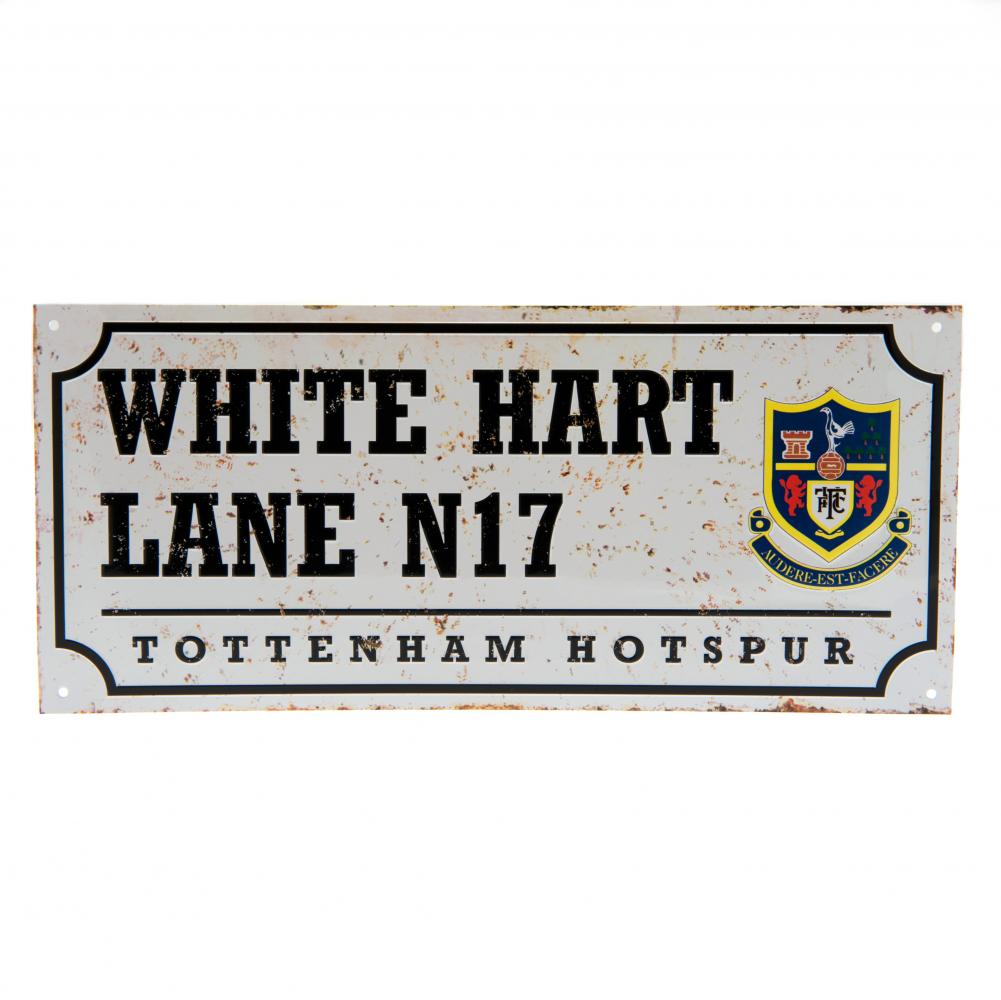 Vintage-style sign with 'White Hart Lane N17 Tottenham Hotspur' text and crest on a white background
