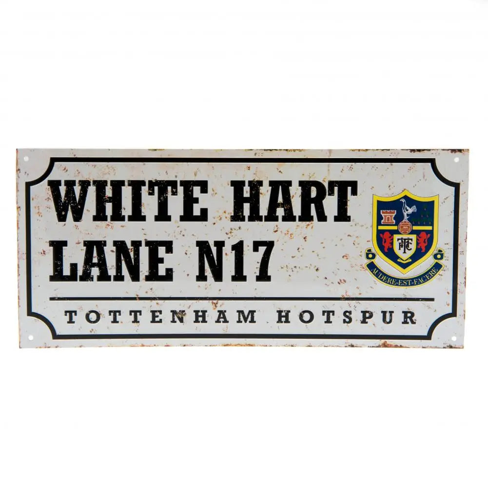Vintage-style sign with 'White Hart Lane N17 Tottenham Hotspur' text and crest on a white background