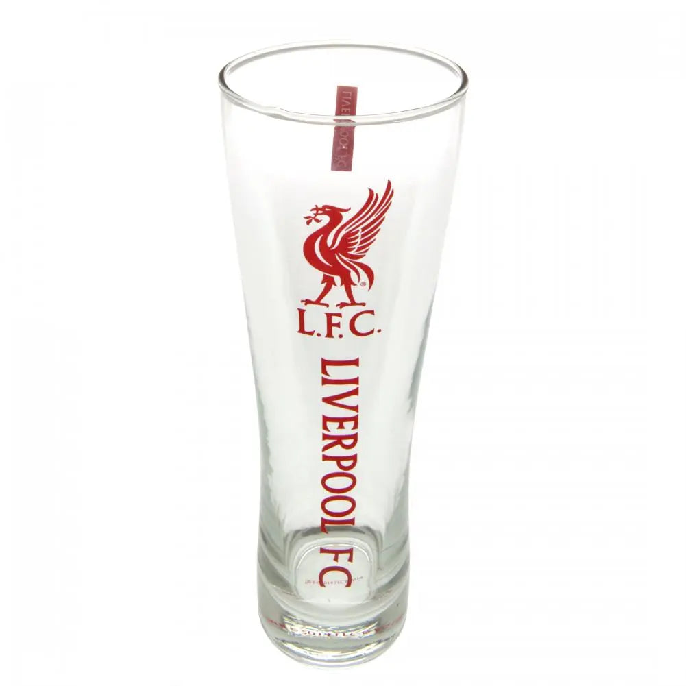 A tall clear beer glass with the Liverpool FC club crest and the text 'LFC' and 'LIVERPOOL FC' printed in red.