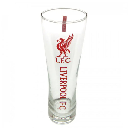 A tall clear beer glass with the Liverpool FC club crest and the text 'LFC' and 'LIVERPOOL FC' printed in red.
