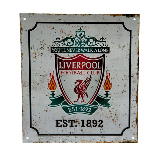 A metal sign with a distressed finish featuring the Liverpool FC retro logo and the text 'You'll Never Walk Alone' and 'LIVERPOOL FOOTBALL CLUB EST. 1892'.