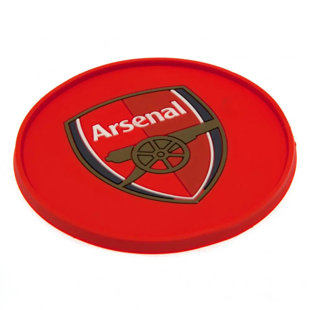 Red circular silicone coaster with Arsenal logo on a white background