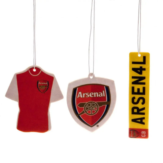 Set of Arsenal-themed car air fresheners including a shirt, shield, and license plate design on a white background.
