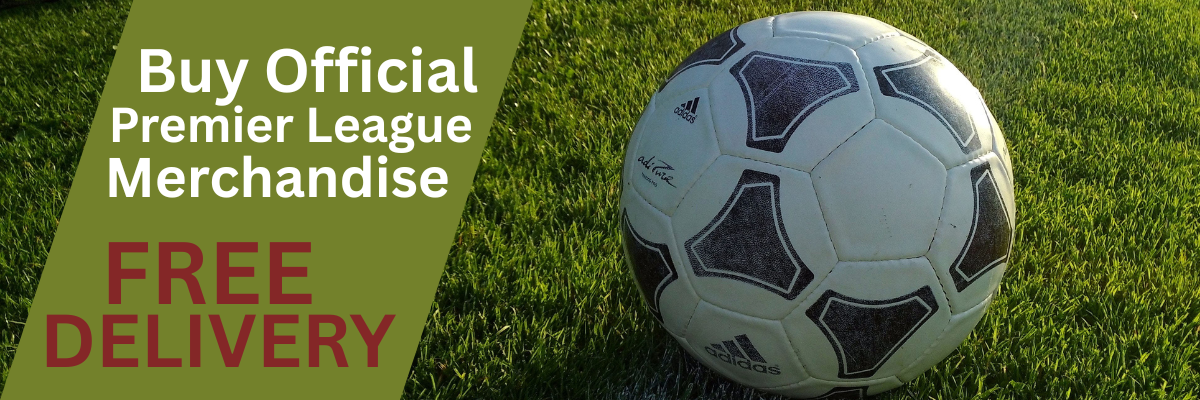 Soccer ball on grass with a promotional banner for Premier League merchandise.