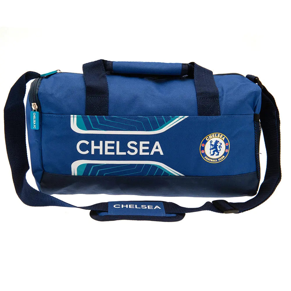 An official Chelsea FC duffle bag with the club's branding and name, predominantly blue with a striped flash design.