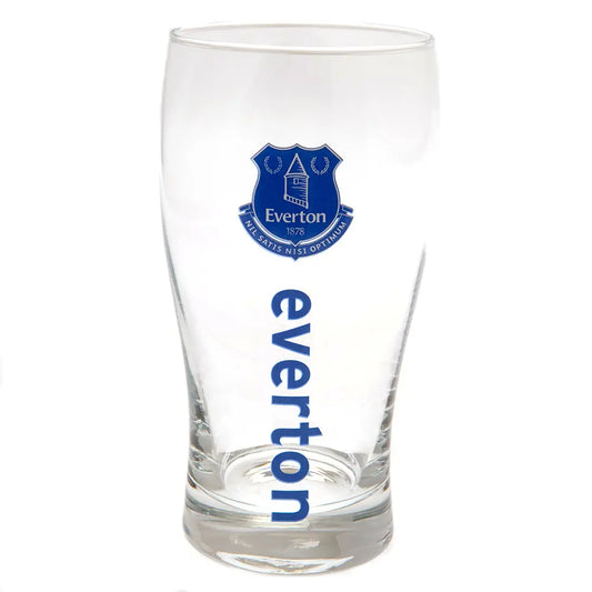 A clear glass pint glass with the Everton FC club crest and the word 'everton' printed in blue.