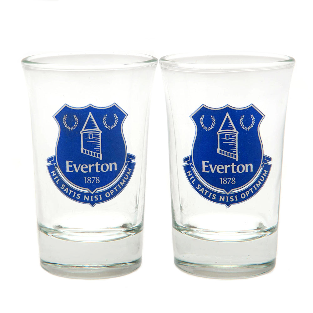 Two clear glasses with Everton logo on a white background