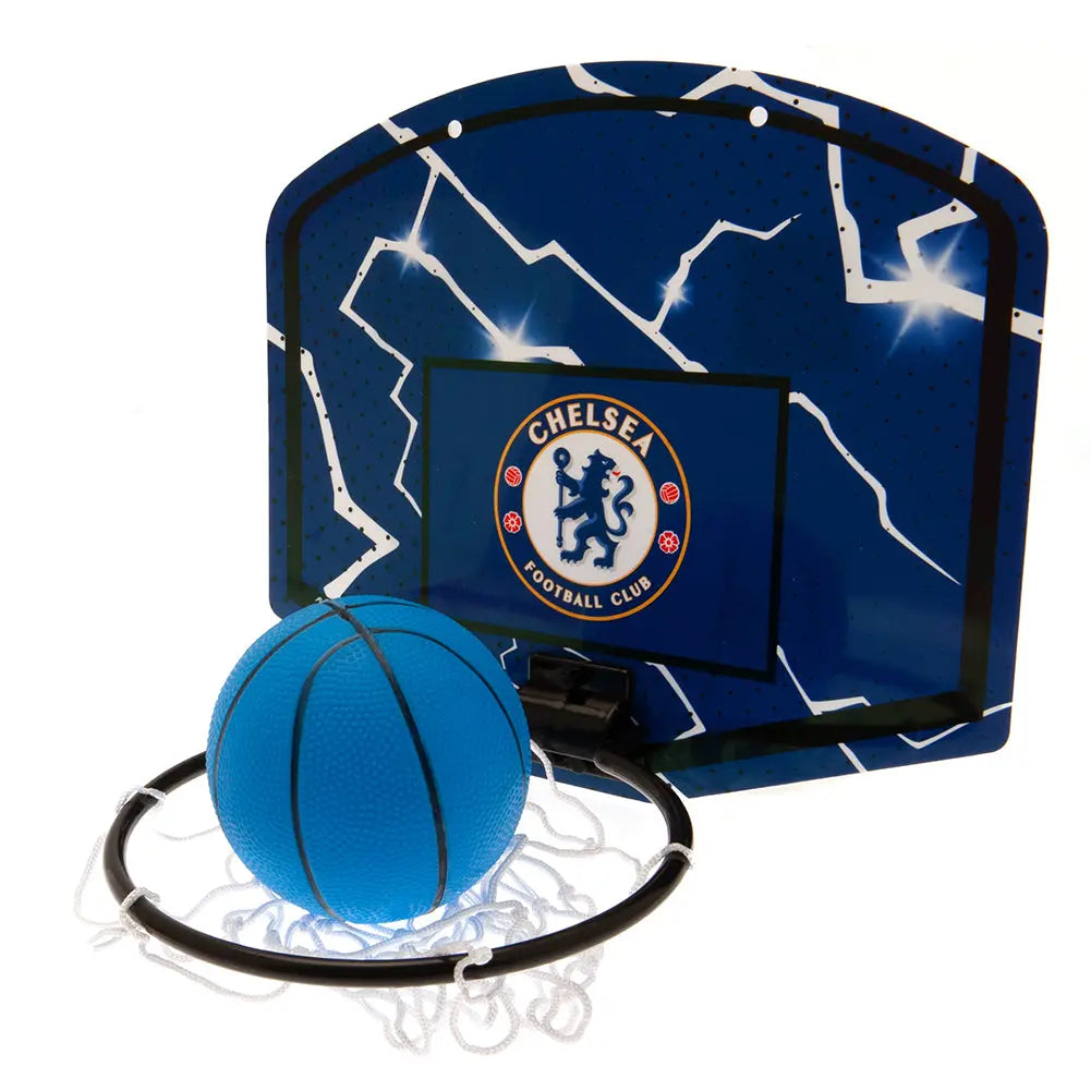 A mini basketball set featuring the Chelsea FC team colors and crest, with a blue backboard, hoop, and a small blue basketball.
