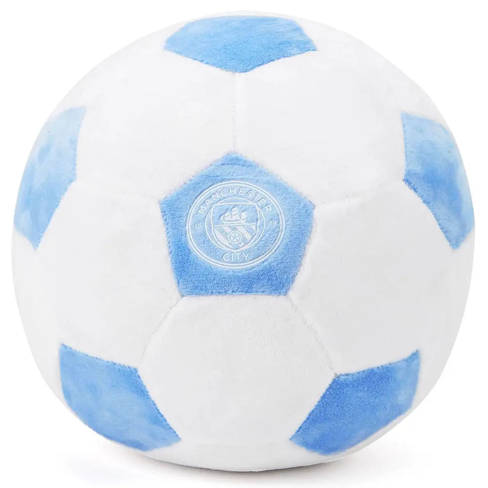 A plush toy football with a pattern of blue and white panels, resembling the team crest of Manchester City FC.