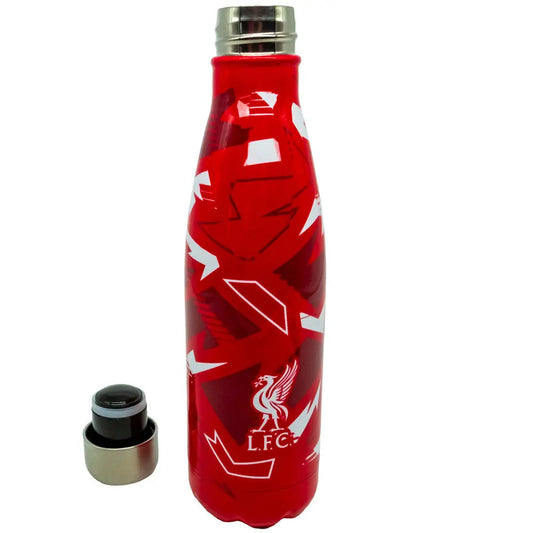 A red and white Liverpool FC thermal flask with the club's iconic crest, featuring a geometric pattern.