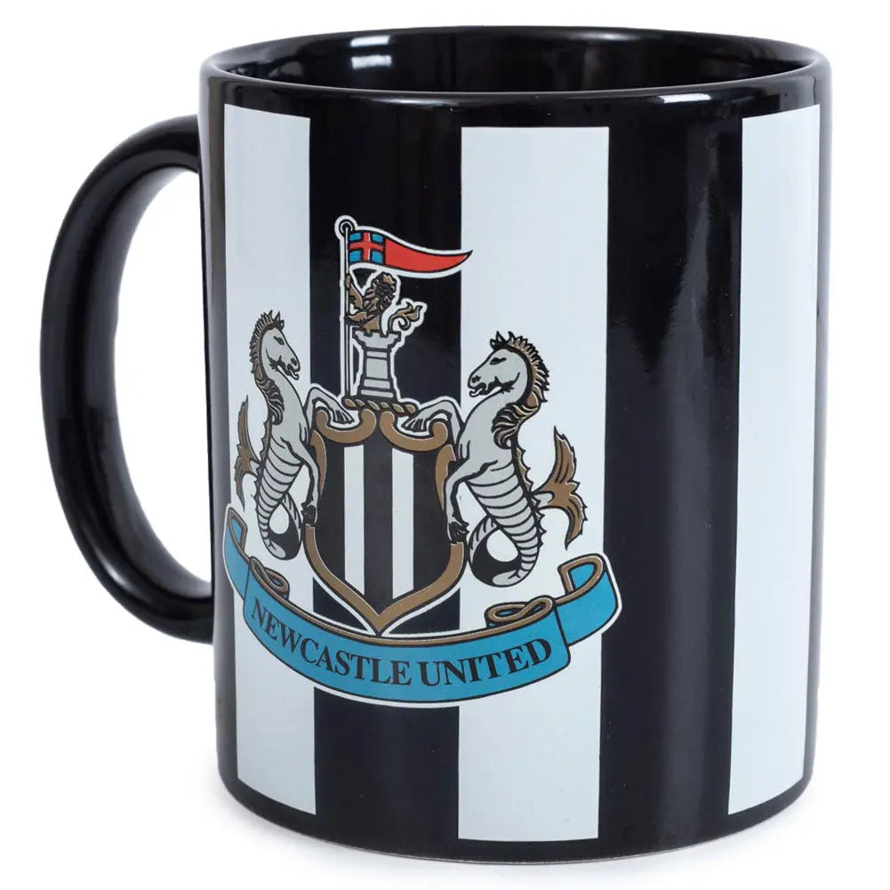 A ceramic striped mug with the Newcastle United football team crest in black and white colors.