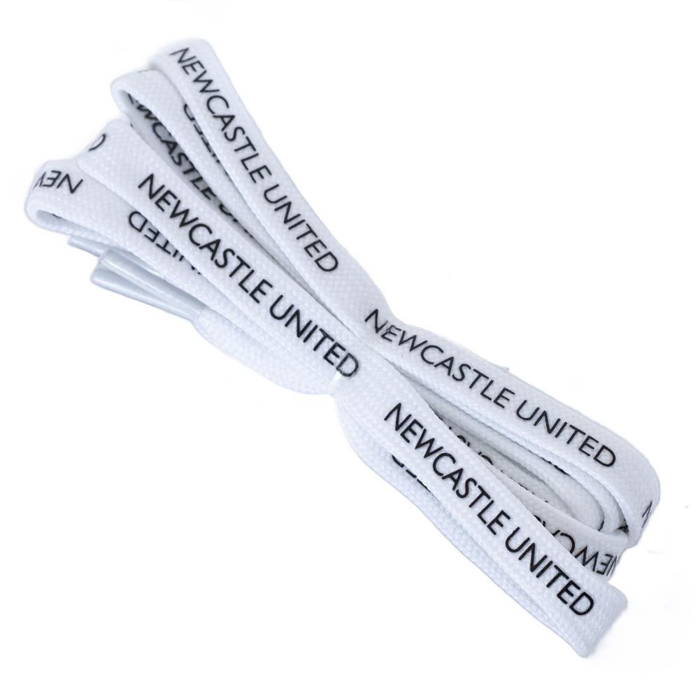 White shoelaces with 'Newcastle United' branding on a white background