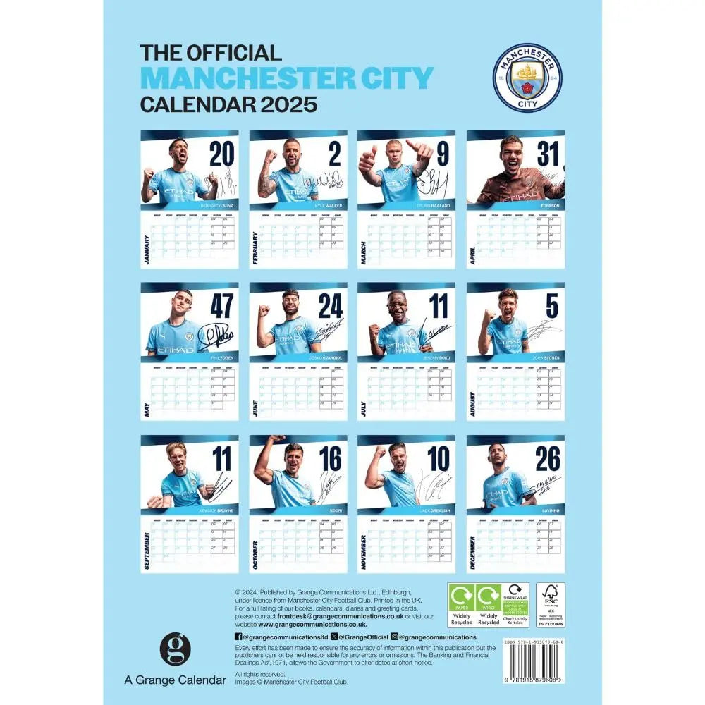 Manchester City 2025 Calendar Back View