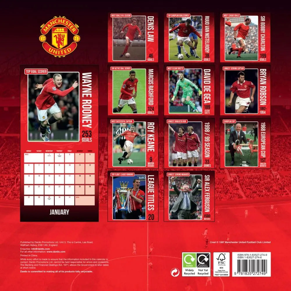 Manchester United 2025 Legends Square Calendar Back View