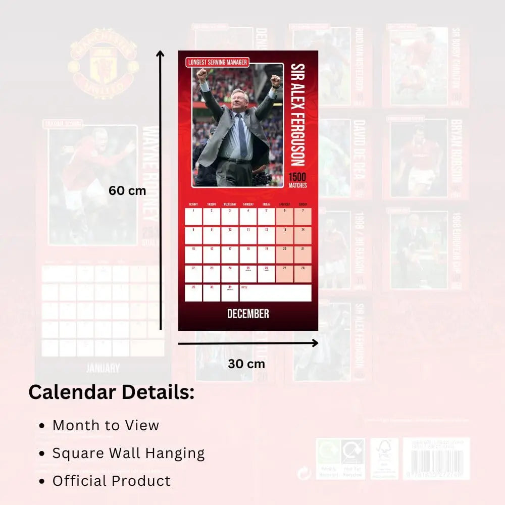 Manchester United 2025 Legends Square Calendar Dimensions