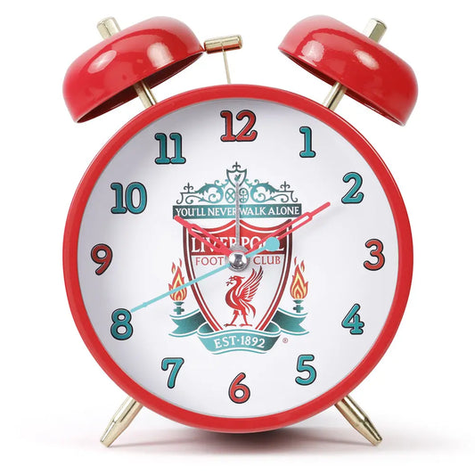 An alarm clock with Liverpool FC branding, featuring a twin bell design, team colors, and the club crest.