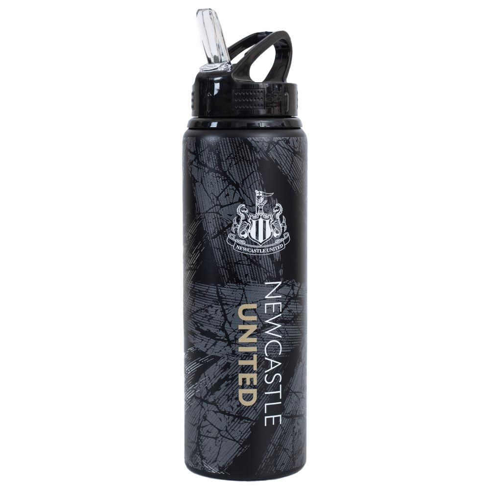 Black water bottle with Newcastle United logo and text on a white background