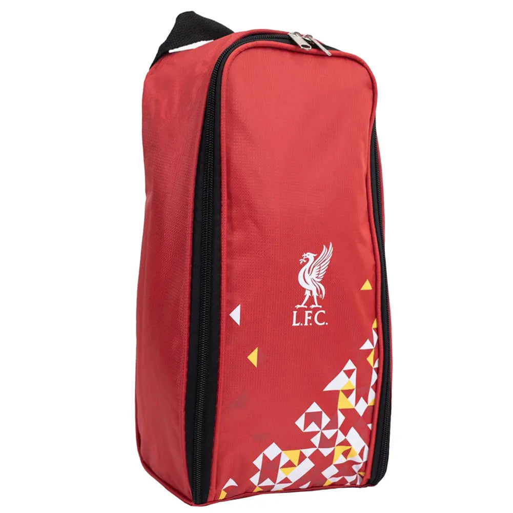 A red Liverpool FC boot bag with the club's crest and a geometric pattern design.