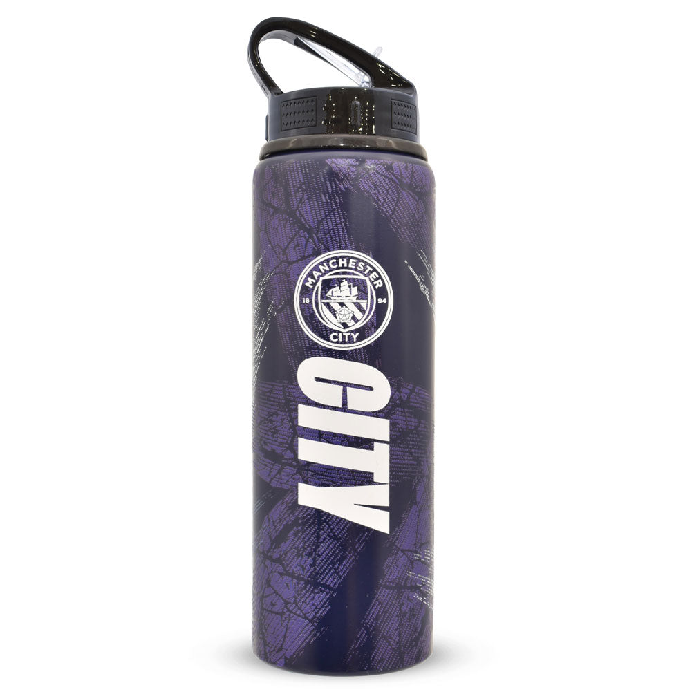 Purple water bottle with Manchester City logo on a white background