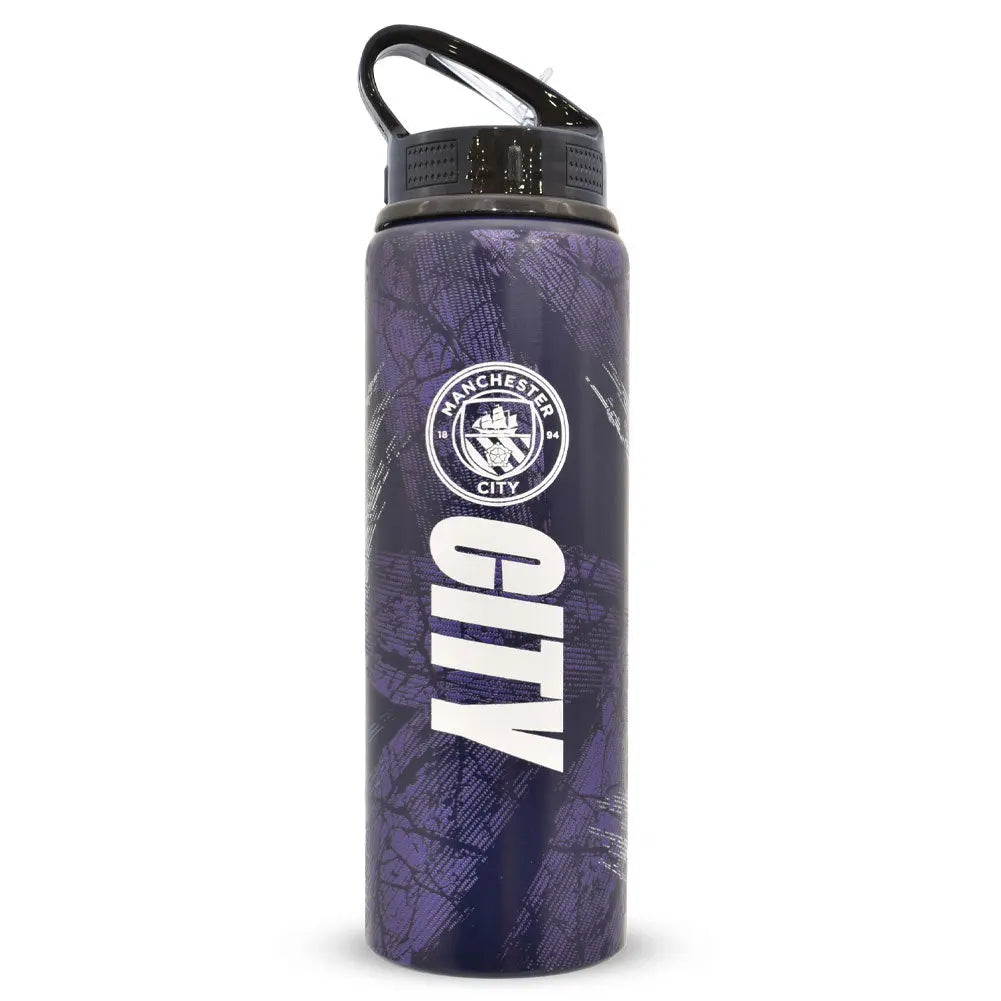 Purple water bottle with Manchester City logo on a white background