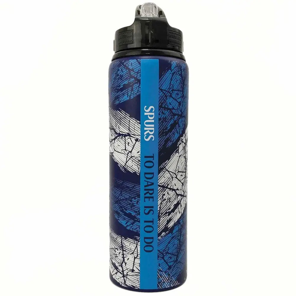 Blue water bottle with map design and 'Spurs' branding on a white background