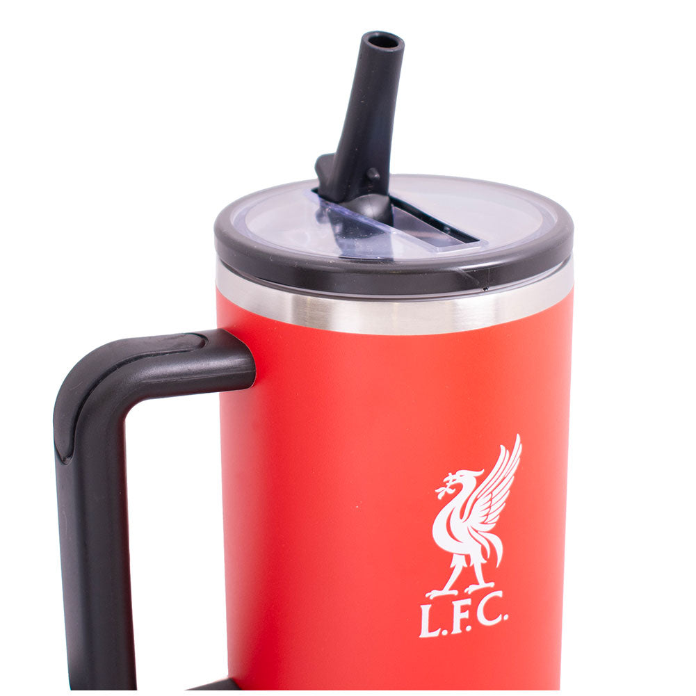 Red insulated tumbler with black handle and straw lid, featuring LFC logo on a white background
