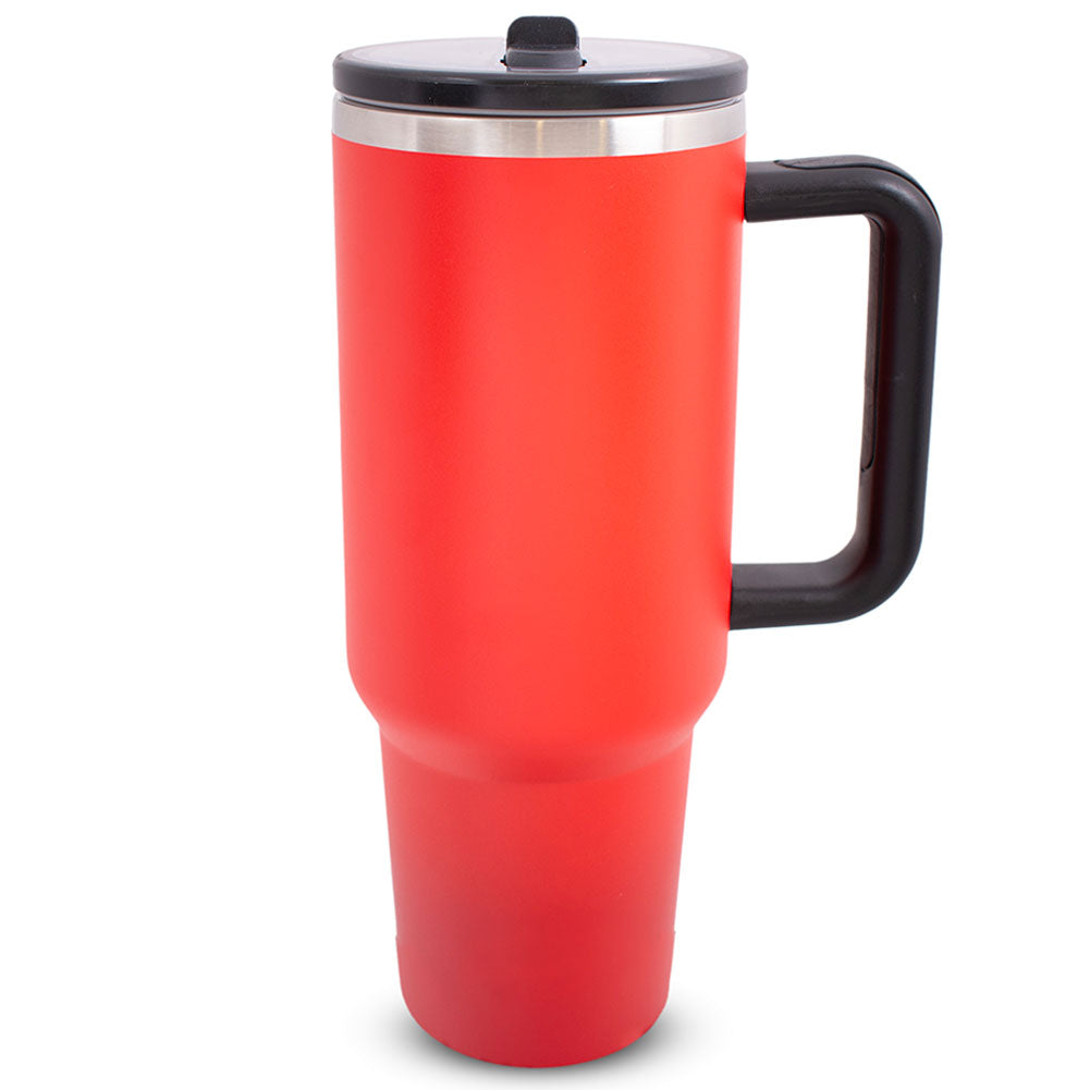 Red travel mug with a black handle and lid on a white background