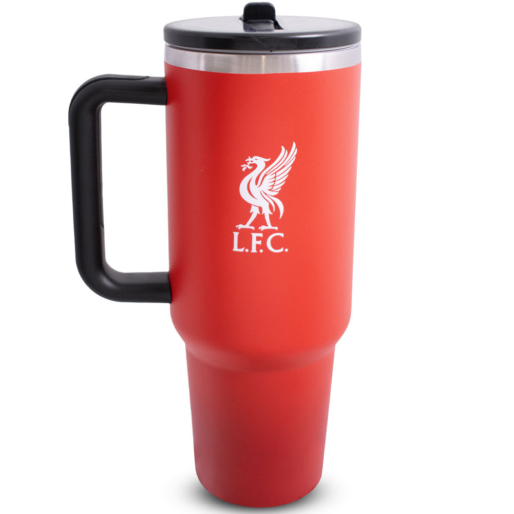 Red travel mug with black handle and Liverpool Football Club logo on a white background