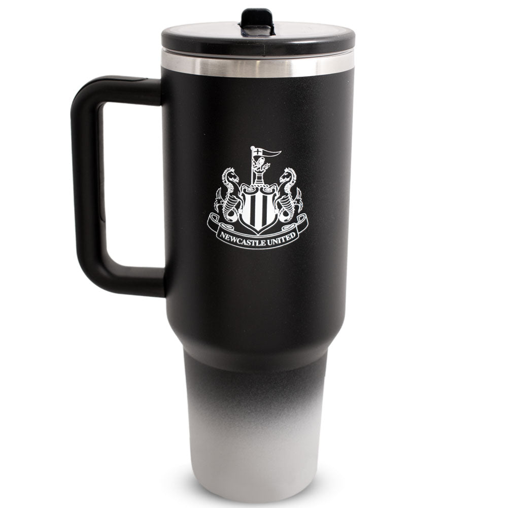 Black travel mug with Newcastle United logo on a white background