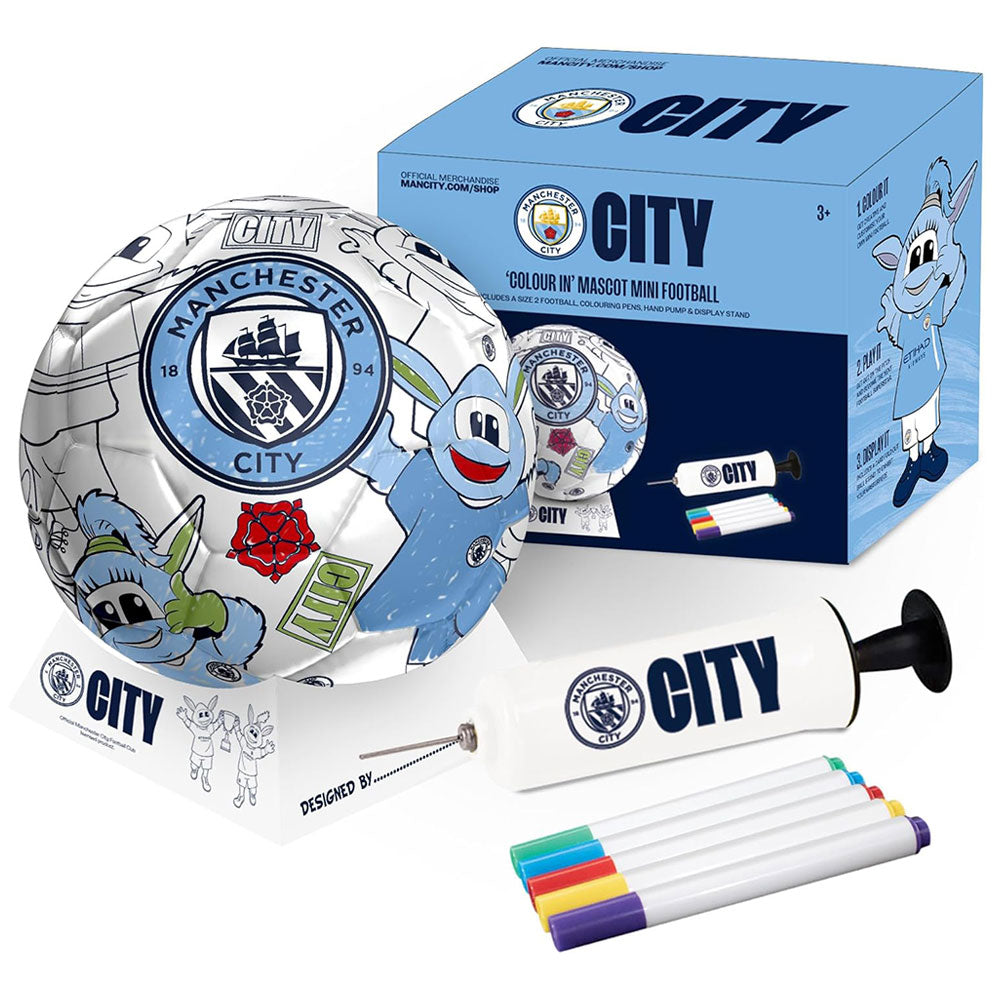 Manchester City-themed mini football set with ball, pump, and markers on a white background