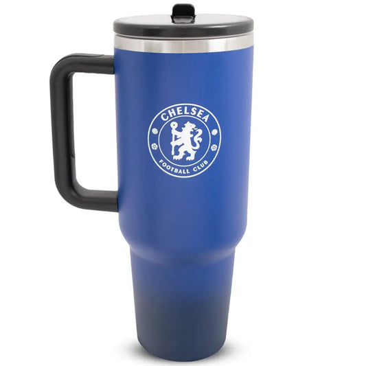 Blue travel mug with Chelsea Football Club logo on a white background