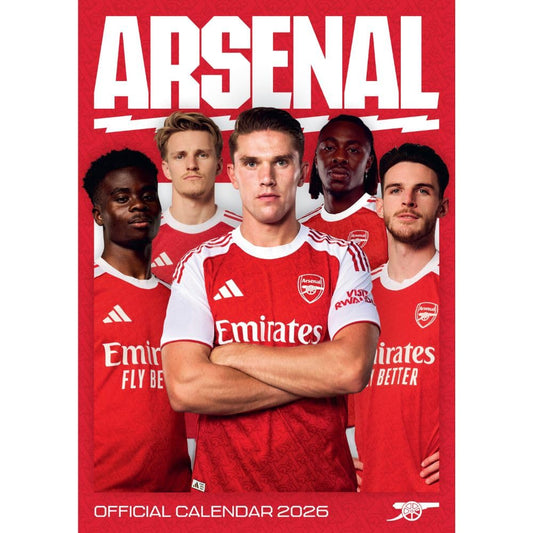 Arsenal football club calendar cover with players in red and white jerseys on a red background.