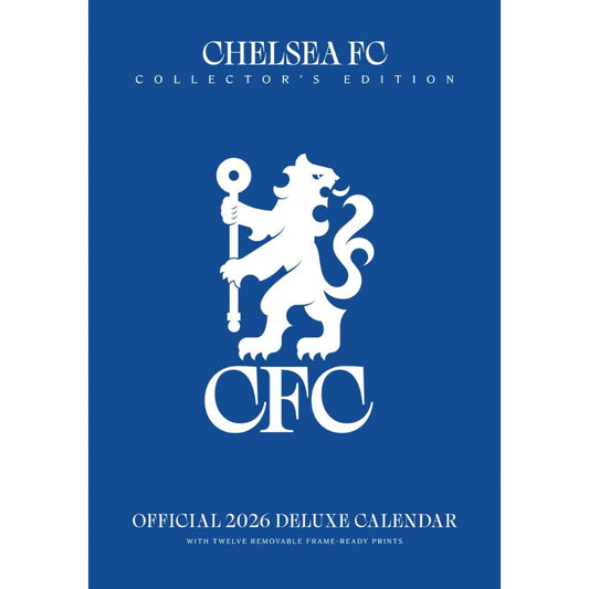 Chelsea FC collector's edition 2026 deluxe calendar with lion emblem on blue background