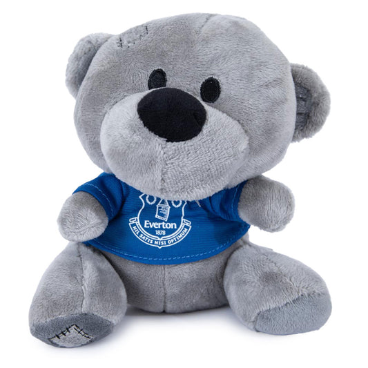 Gray teddy bear wearing a blue Everton shirt on a white background