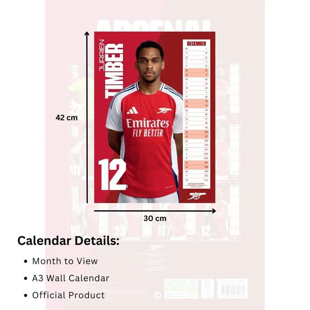 Arsenal FC Calendar Dimensions
