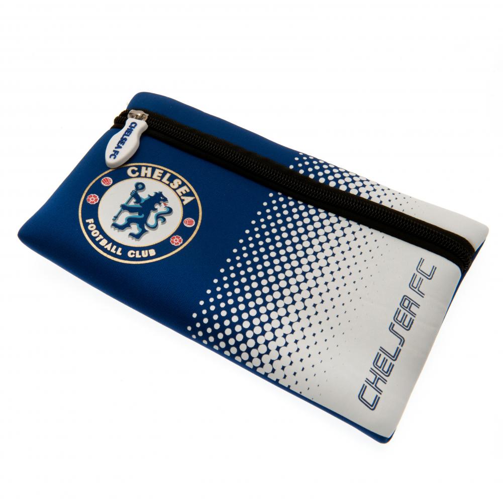 Blue and white pencil case with Chelsea FC logo on a white background