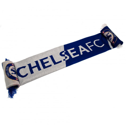 Chelsea FC scarf with blue and gray design on a white background