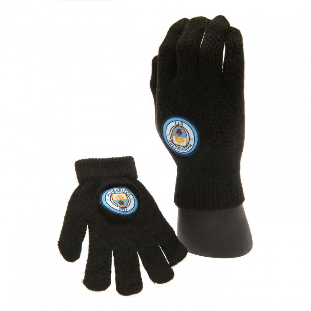 Black Manchester City Kids gloves with a logo on a white background